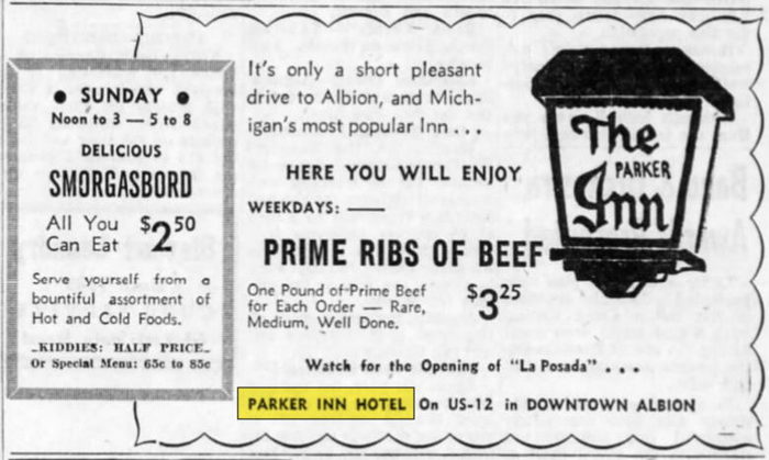 Parker Inn Hotel (Munger Place Apartments) - April 1959 Smorgasbord Ad